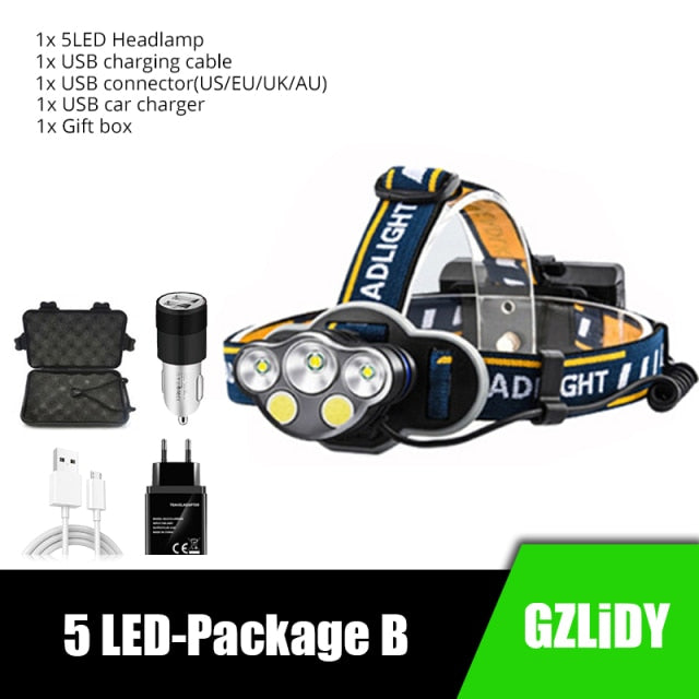 Powerful 8 LED Headlamp USB Rechargeable Waterproof T6 Headlight Super Bright Outdoor 18650 Lantern with Tail Warning Light