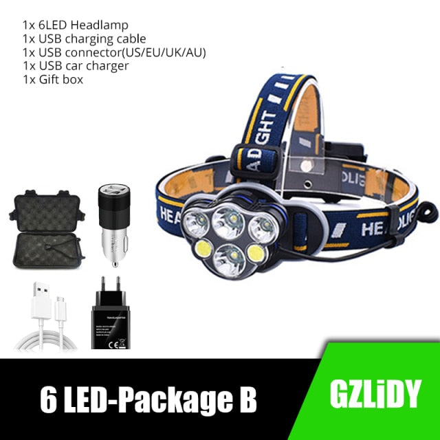 Powerful 8 LED Headlamp USB Rechargeable Waterproof T6 Headlight Super Bright Outdoor 18650 Lantern with Tail Warning Light