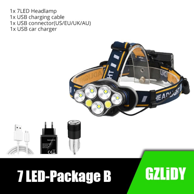 Powerful 8 LED Headlamp USB Rechargeable Waterproof T6 Headlight Super Bright Outdoor 18650 Lantern with Tail Warning Light