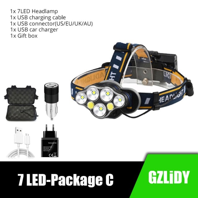 Powerful 8 LED Headlamp USB Rechargeable Waterproof T6 Headlight Super Bright Outdoor 18650 Lantern with Tail Warning Light