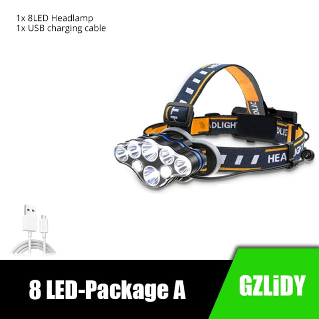 Powerful 8 LED Headlamp USB Rechargeable Waterproof T6 Headlight Super Bright Outdoor 18650 Lantern with Tail Warning Light