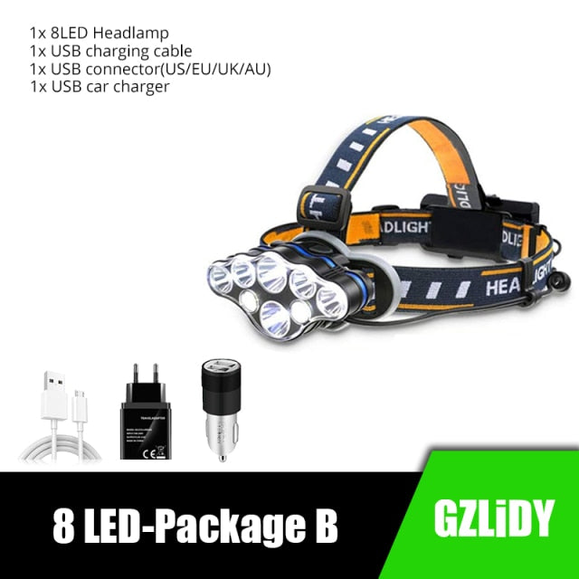 Powerful 8 LED Headlamp USB Rechargeable Waterproof T6 Headlight Super Bright Outdoor 18650 Lantern with Tail Warning Light