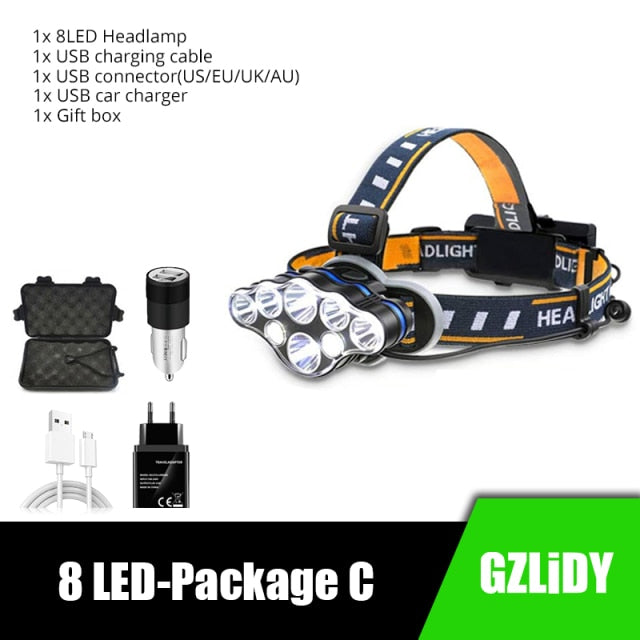 Powerful 8 LED Headlamp USB Rechargeable Waterproof T6 Headlight Super Bright Outdoor 18650 Lantern with Tail Warning Light