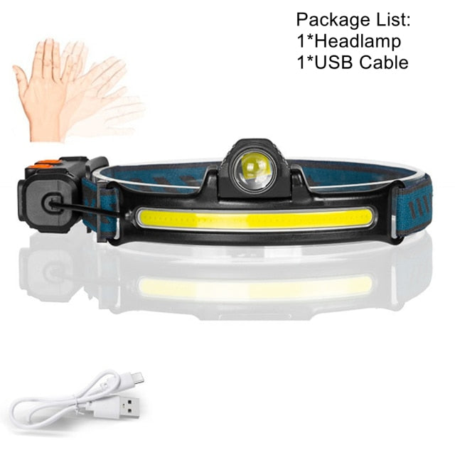 COB LED Mini Sensor Headlamp Fishing Cycling Outdoor Lighting Lamp USB Rechargeable Headlight Strong Light ZOOM Flashlight