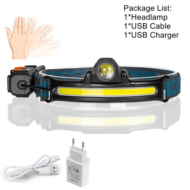 COB LED Mini Sensor Headlamp Fishing Cycling Outdoor Lighting Lamp USB Rechargeable Headlight Strong Light ZOOM Flashlight