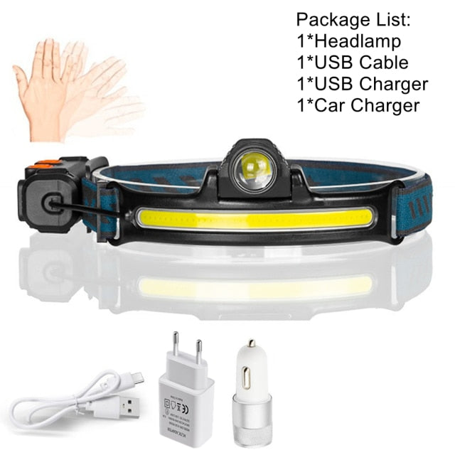 COB LED Mini Sensor Headlamp Fishing Cycling Outdoor Lighting Lamp USB Rechargeable Headlight Strong Light ZOOM Flashlight